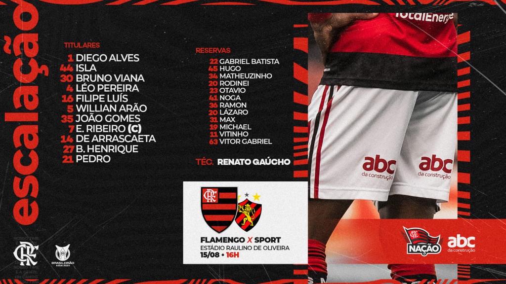 Flamengo escalado para pegar o Sport pelo Campeonato Brasileiro