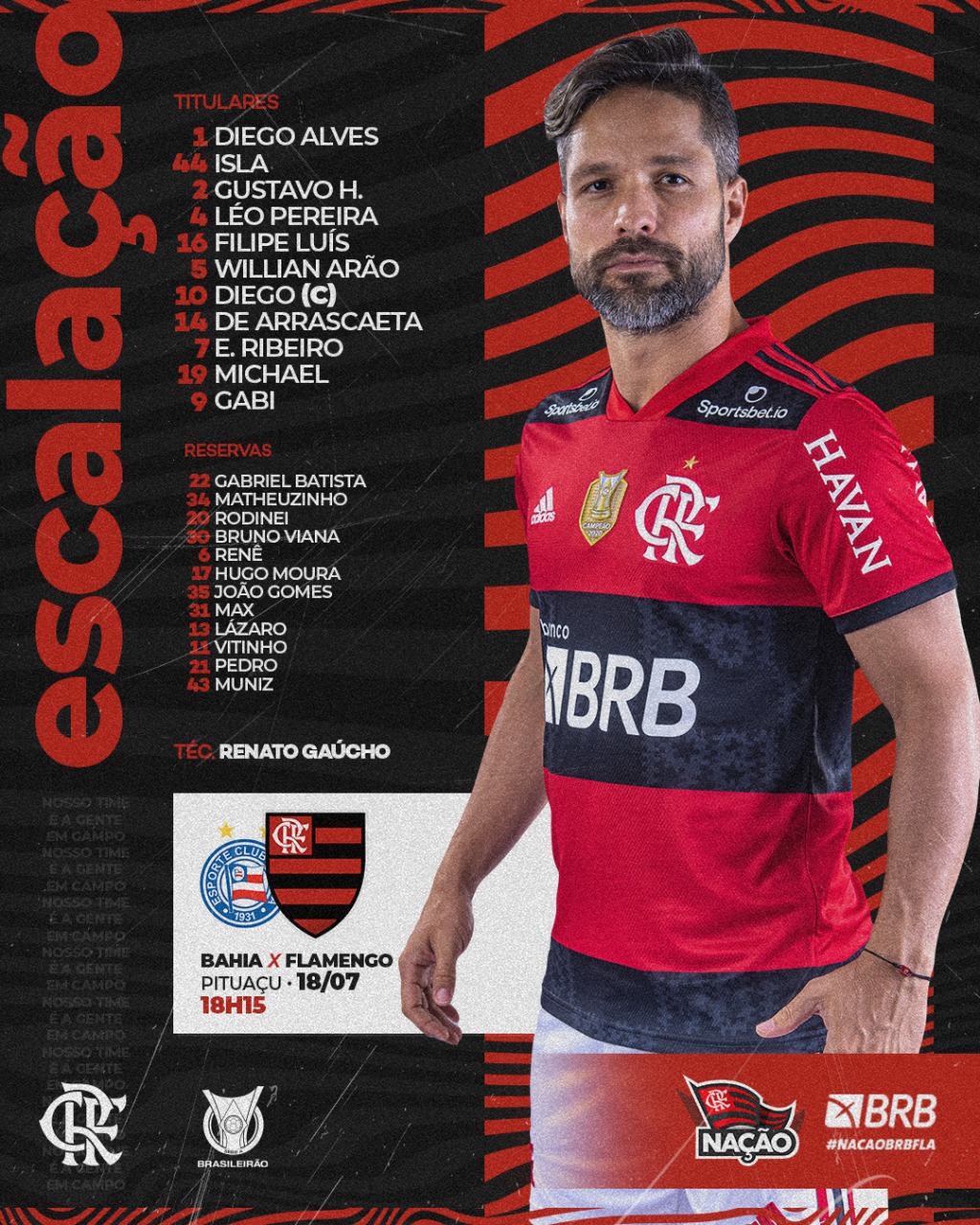 Flamengo escalado para pegar o Bahia pelo Série A