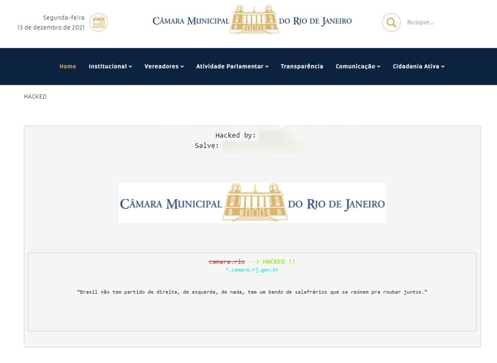 Site da Câmara dos Vereadores hackeado