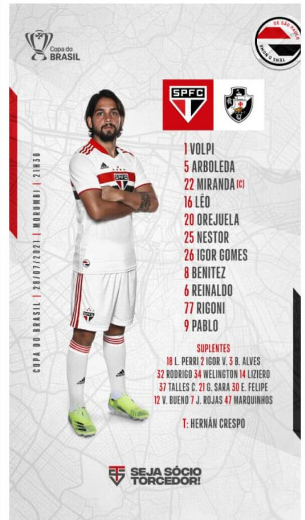 São Paulo escalado para pegar o Vasco pelas oitavas de final da Copa do Brasil