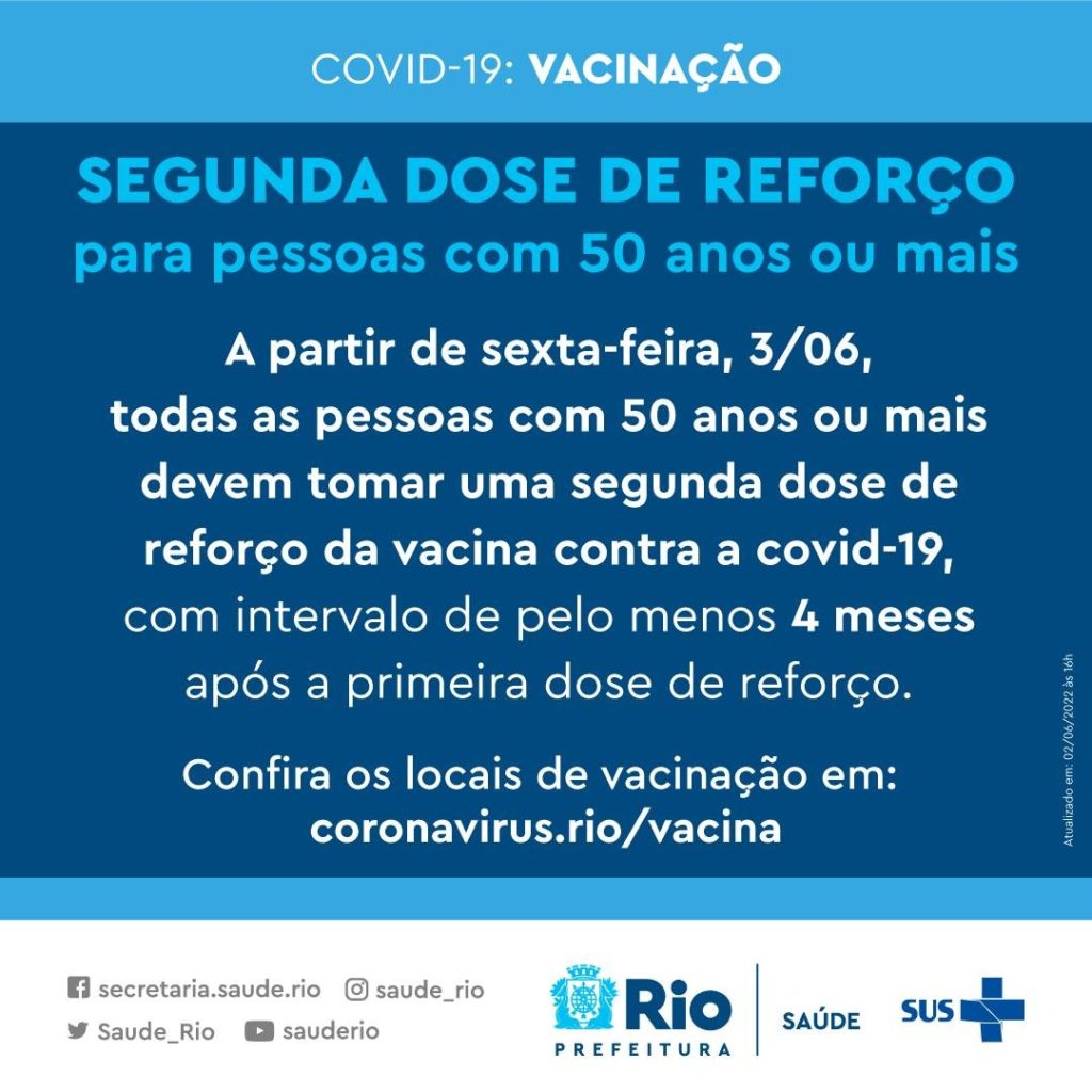 Prefeitura do Rio anuncia segunda dose de reforço para pessoas com 50 anos ou mais