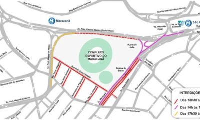 Mapa das interdições realizadas no entorno do Maracanã. (Foto: CET-Rio/Reprodução)