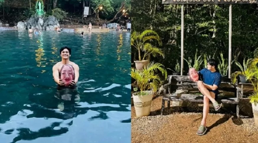 Filipino leva almofada com o rosto da esposa em viagem de férias