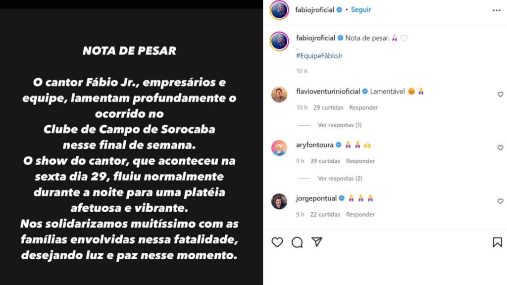Fábio Junior fala sobre morte de idoso em seu show em SP