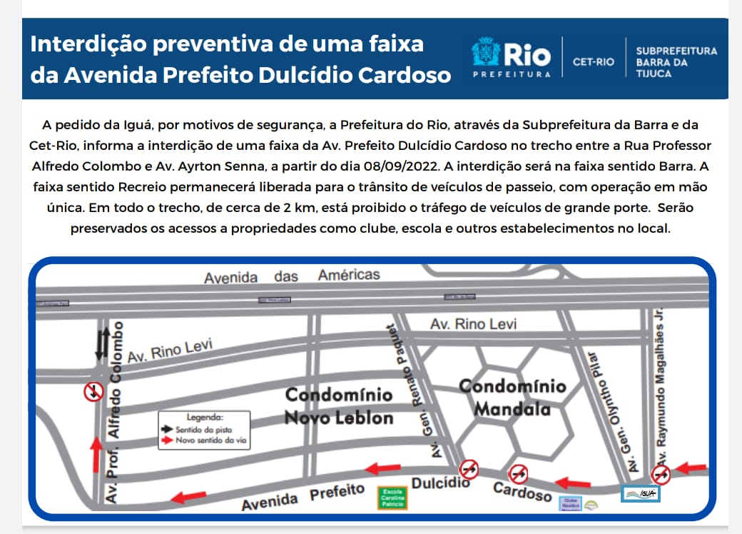 Prefeitura interdita uma faixa da Av. Prefeito Dulcídio Cardoso no trecho entre Rua Professor Alfredo Colombo e Av. Ayrton Senna