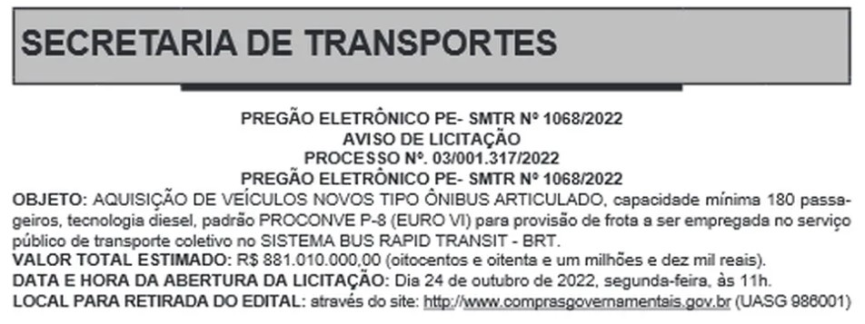 Licitação compra BRT