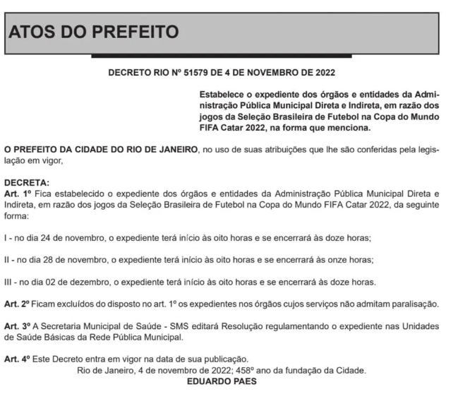 Prefeitura terá horários especiais em dias de jogos do Brasil na