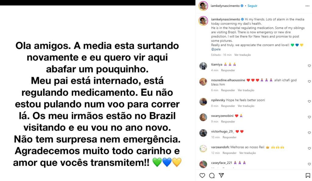 Filha de Pelé fala sobre internação do pai