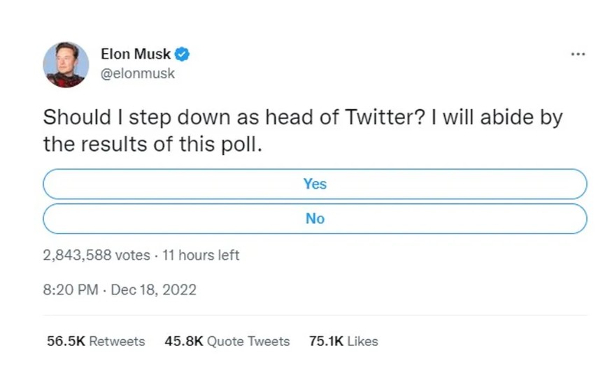 Elon Musk faz enquete no Twitter 