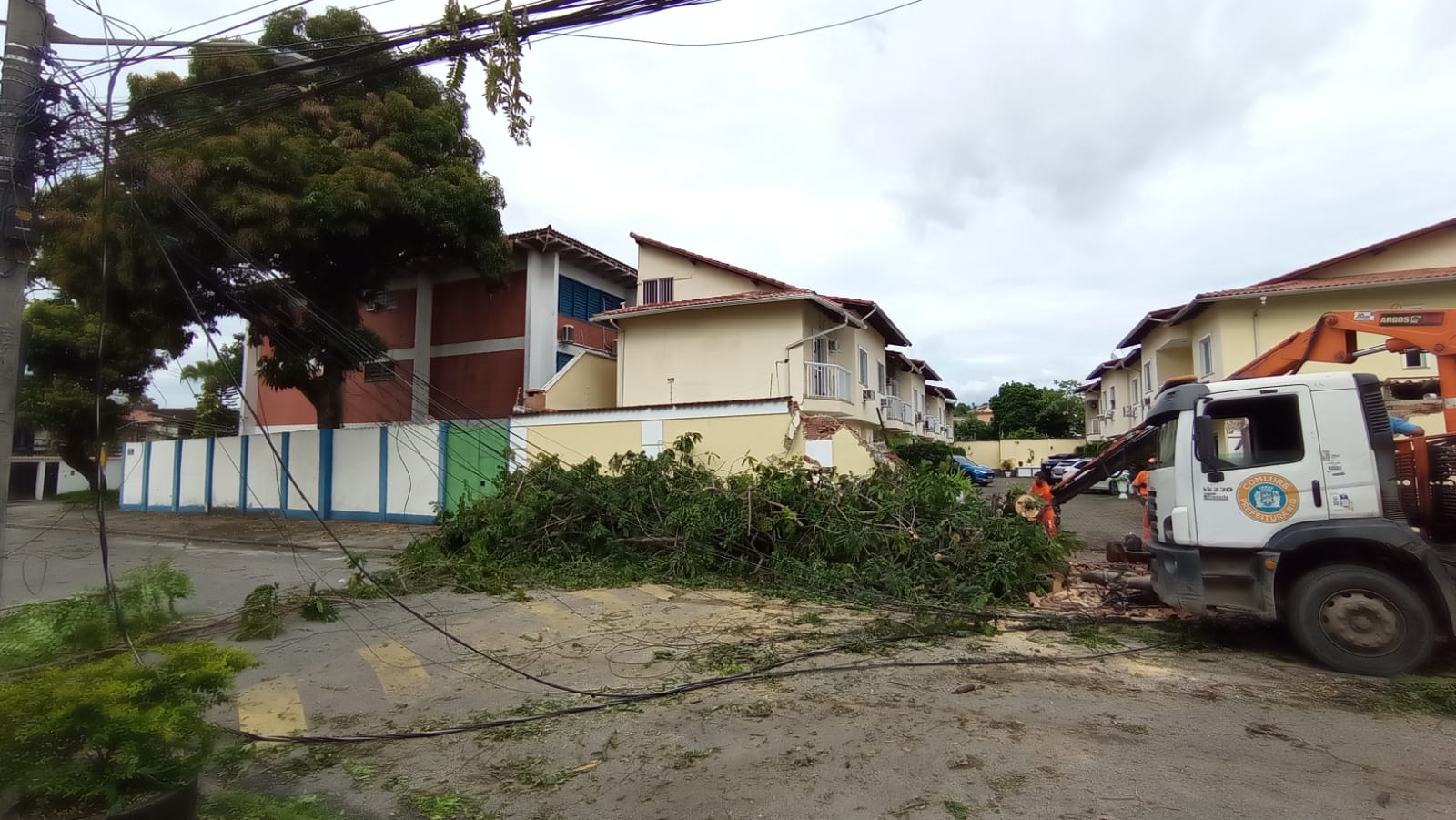 Árvore atinge muro de condomínio em Jacarepaguá após temporam atingir a região