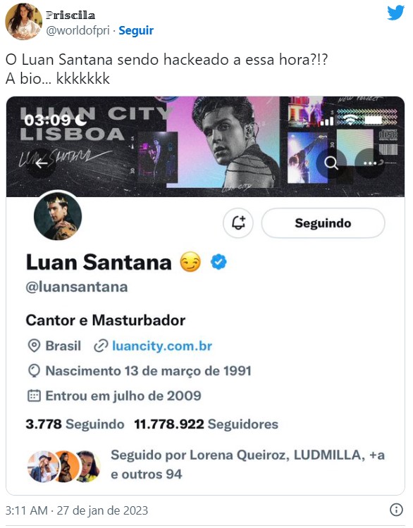Perfil de Luan Santana no Twitter é invadido