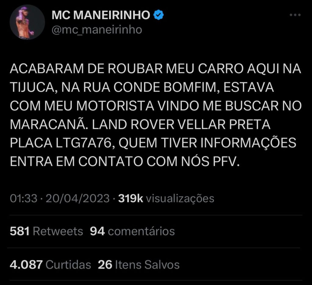 MC Maneirinho pede ajuda para localizar o carro roubado