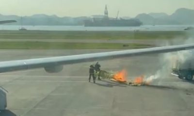 Balão cai sobre avião no Aeroporto Santos Dummont e pega fogo na pista