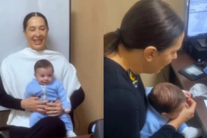 Claudia Raia com Luca vestido em uma roupinha azul (Foto: Reprodução/Instagram)