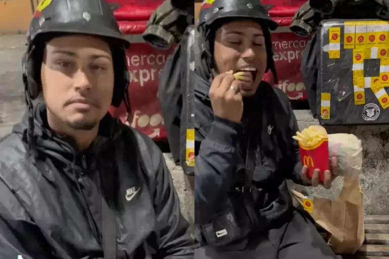 Motoboy come lanche de clientes que se recusam a buscar pedido na portaria e cena viraliza na web (Foto: Divulgação)