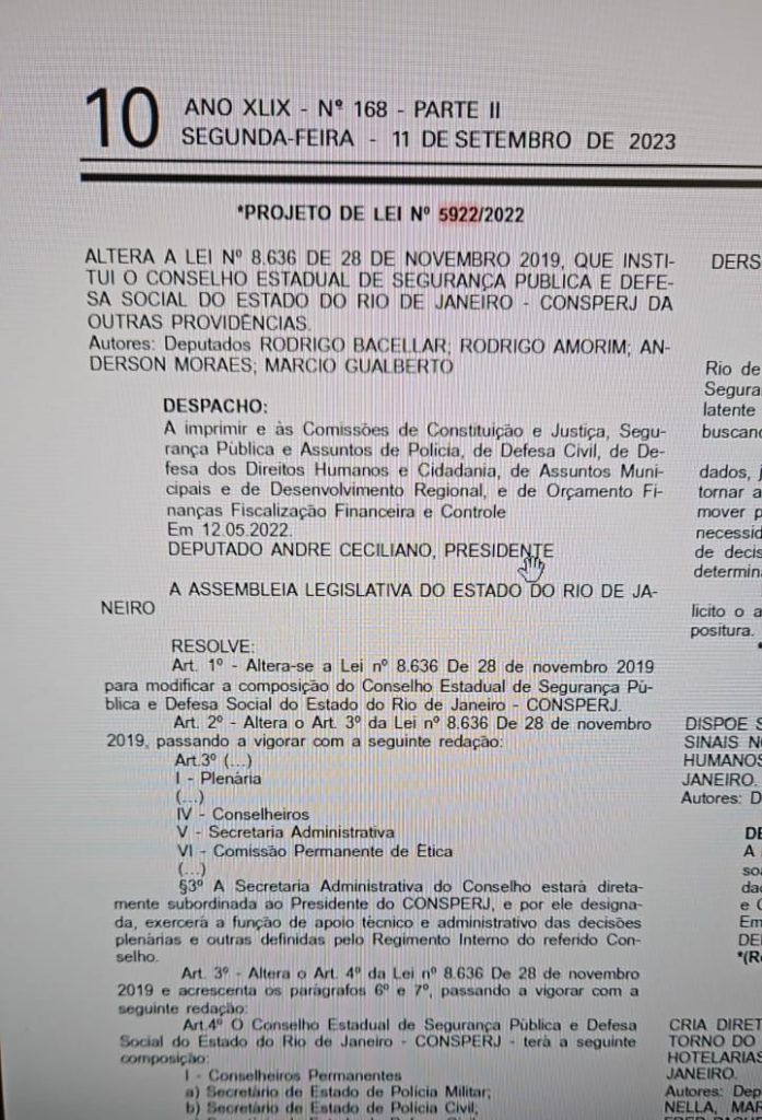 Alerj votará em breve projeto que amplia membros do Conselho Estadual de Segurança Pública