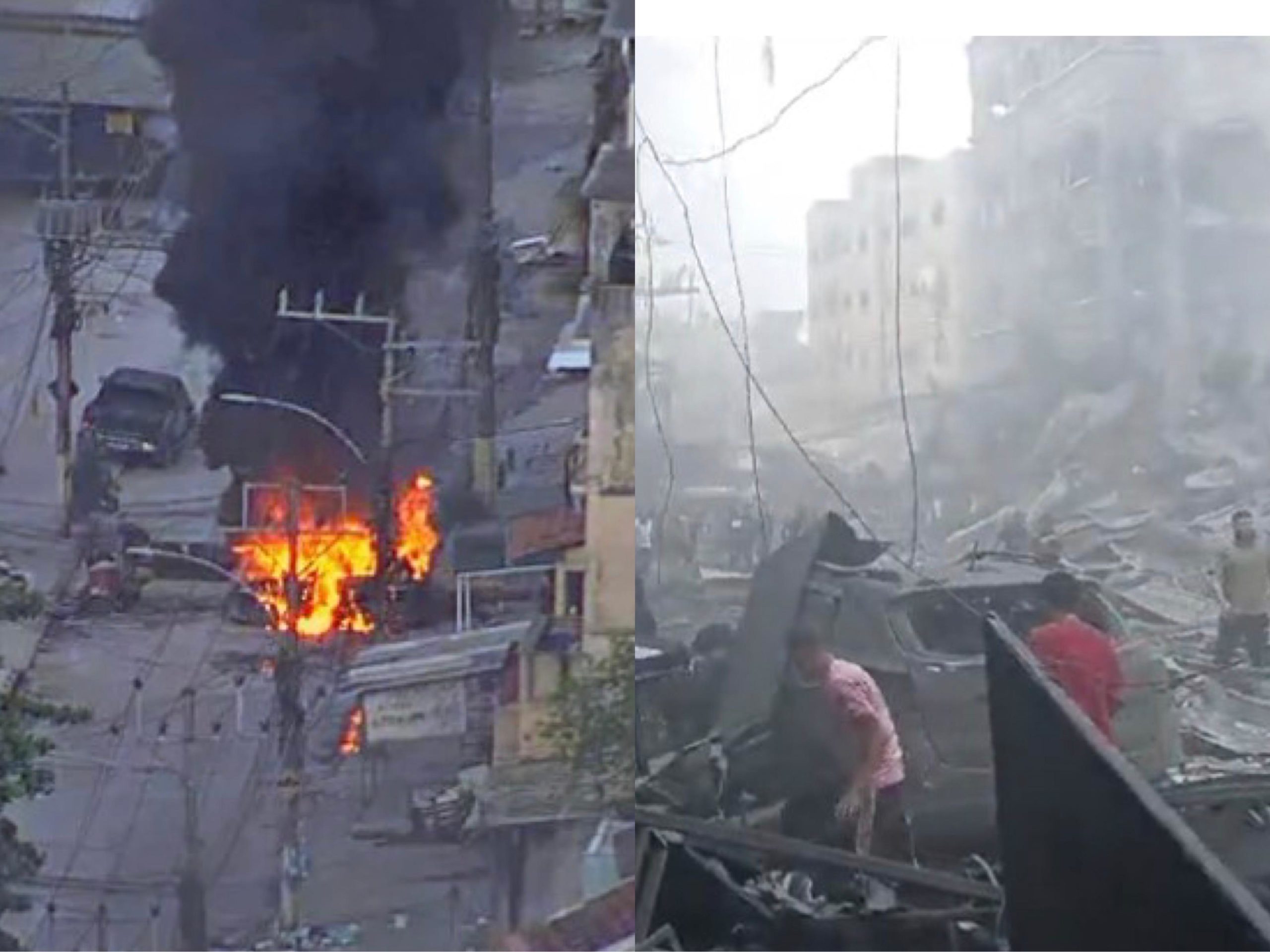 À esquerda, barricada colocada por criminosos no Complexo da Maré. À direita, destruição causada pelos ataques em Israel.