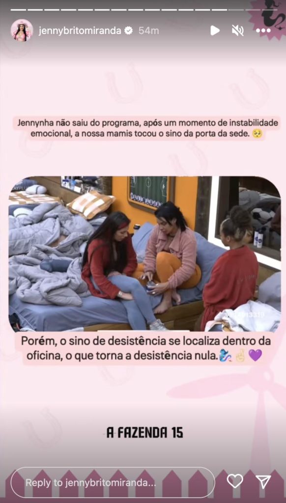 Jenny Miranda toca sino e pede pra deixar A Fazenda 15