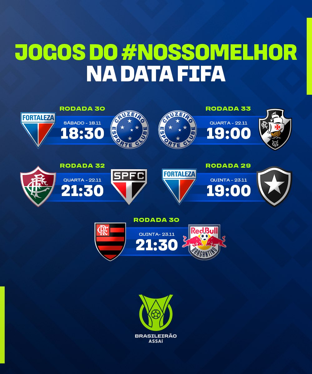 Quais jogos do Brasileirão vão acontecer durante a Data Fifa de novembro?