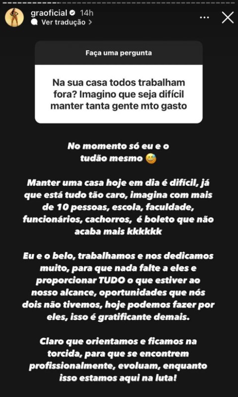 Gracyanne Barbosa diz que ela e Belo sustentam mais de 10 pessoas em casa