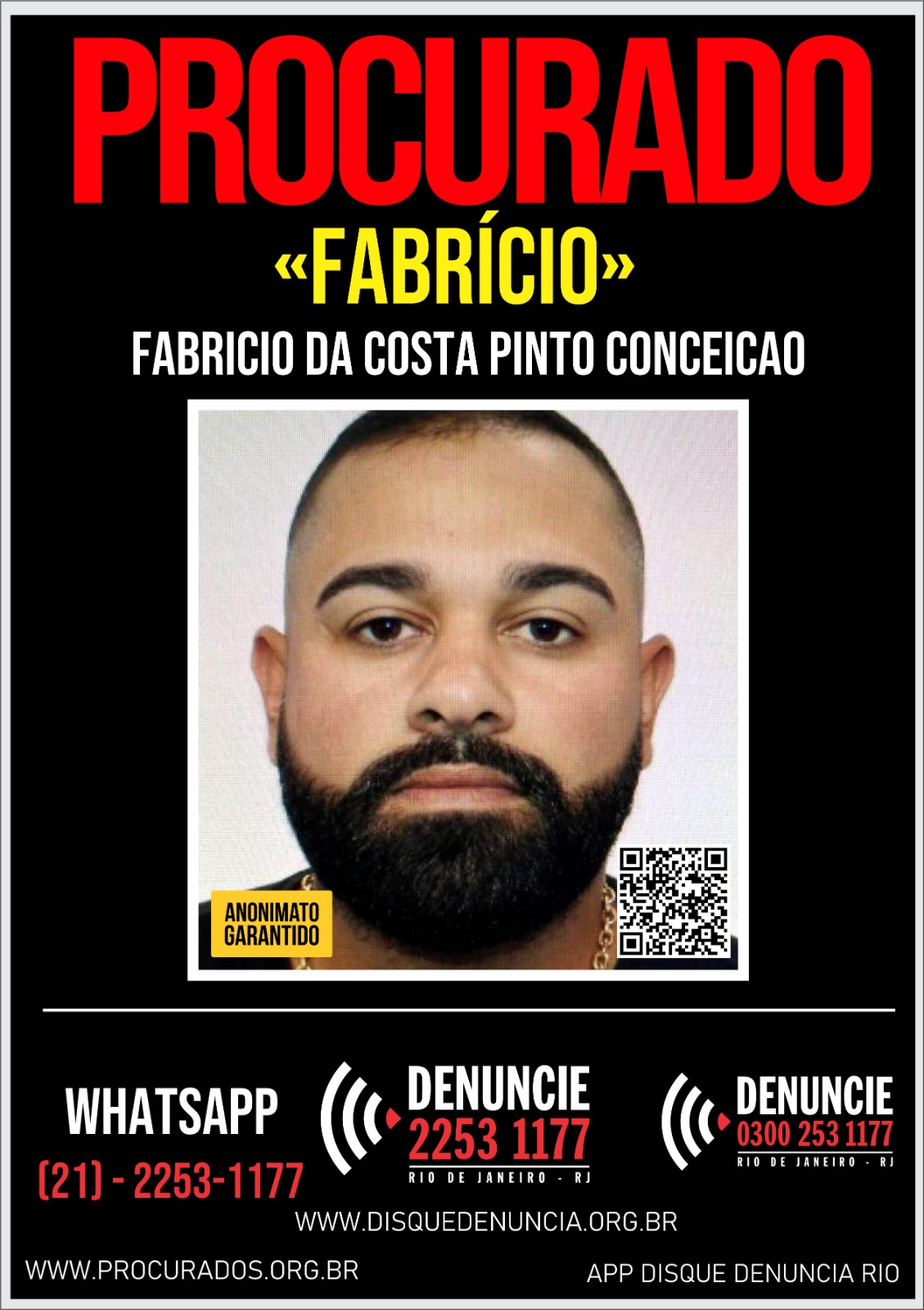 Cartaz de procurado Fabrício da Costa Pinto Conceição, acusado pela morte do pedreiro Lindomar iva em um posto de combustível de Campo Grande