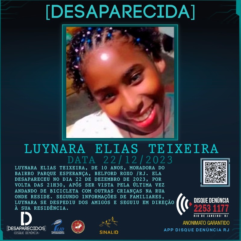Disque Denúncia busca informações sobre menina de 10 anos desaparecida em Belford Roxo