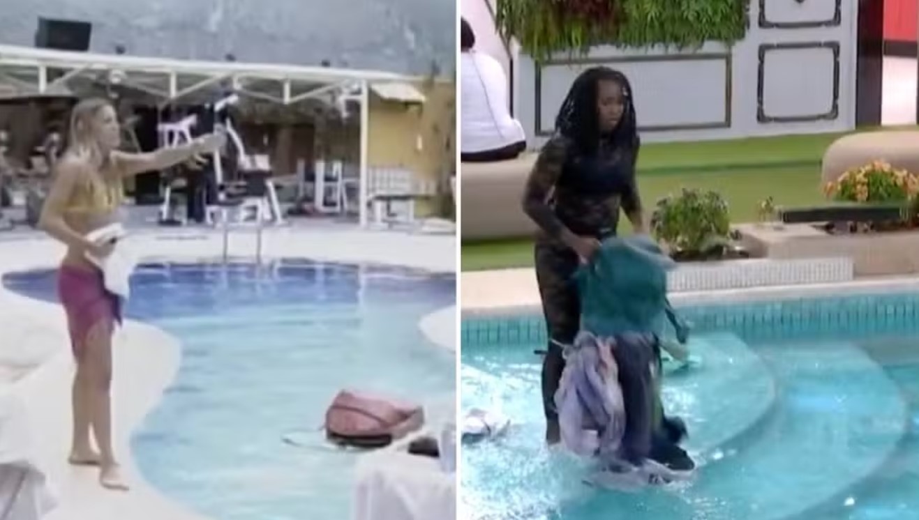 Fernando Fernandas joga roupas de Tina na piscina, no BBB 22. O mesmo aconteceu com Davi na atual edição