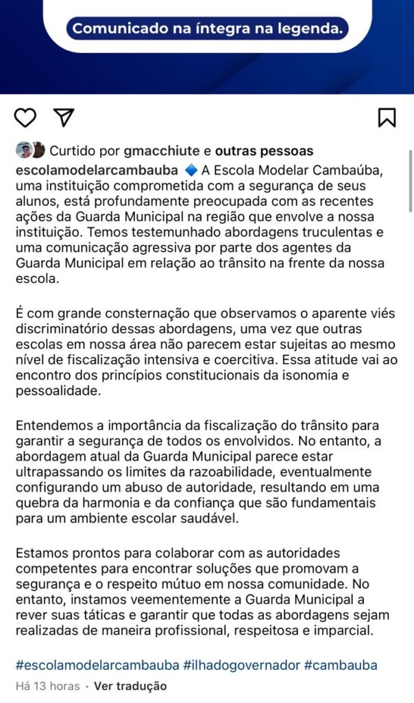 Nota de repúdio de escola na Ilha do Governador após pai de alunos sofrer agressões da Guarda Municipal
