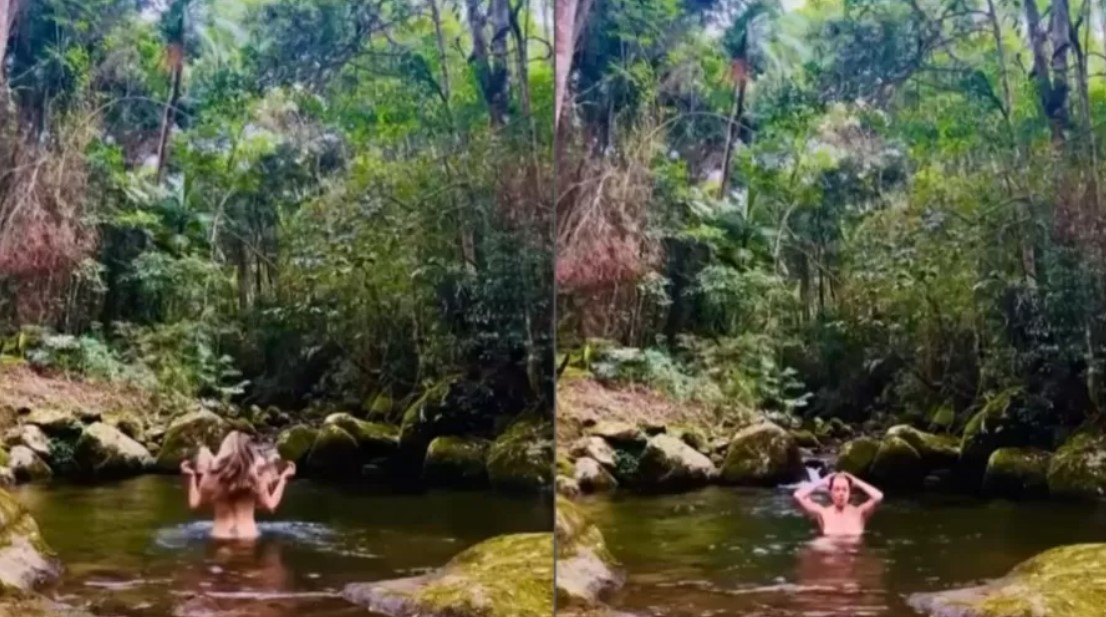 Letícia Spiller entra nua em cachoeira e divide momento íntimo na web