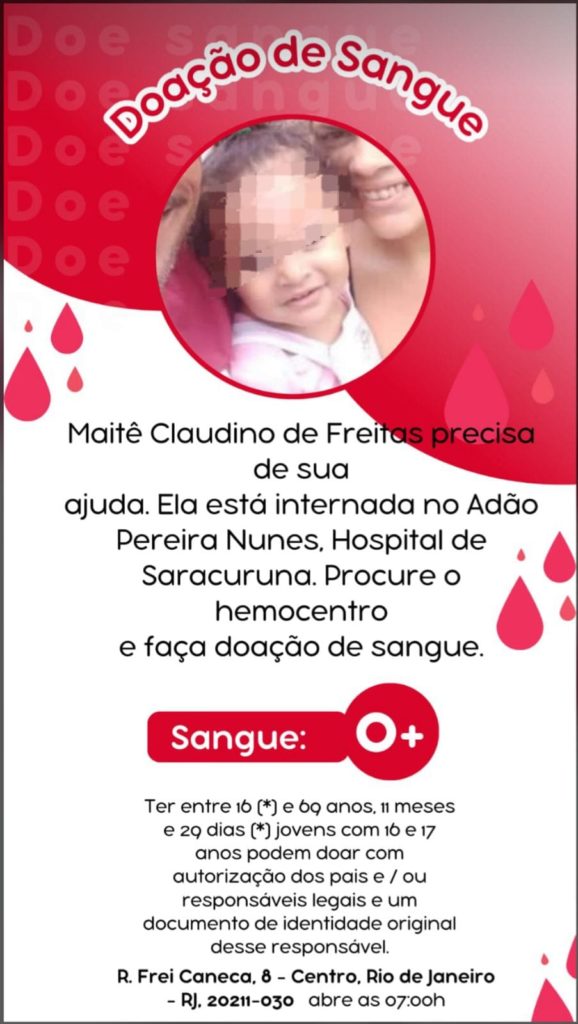 Menina baleada em Seropédica precisa de doação de sangue