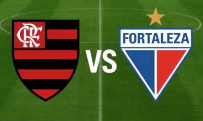 Flamengo e Fortaleza se enfrentam neste domingo (1º), no Maracanã, pelo Campeonato Brasileiro de 2025 – brasões dos clubes lado a lado.