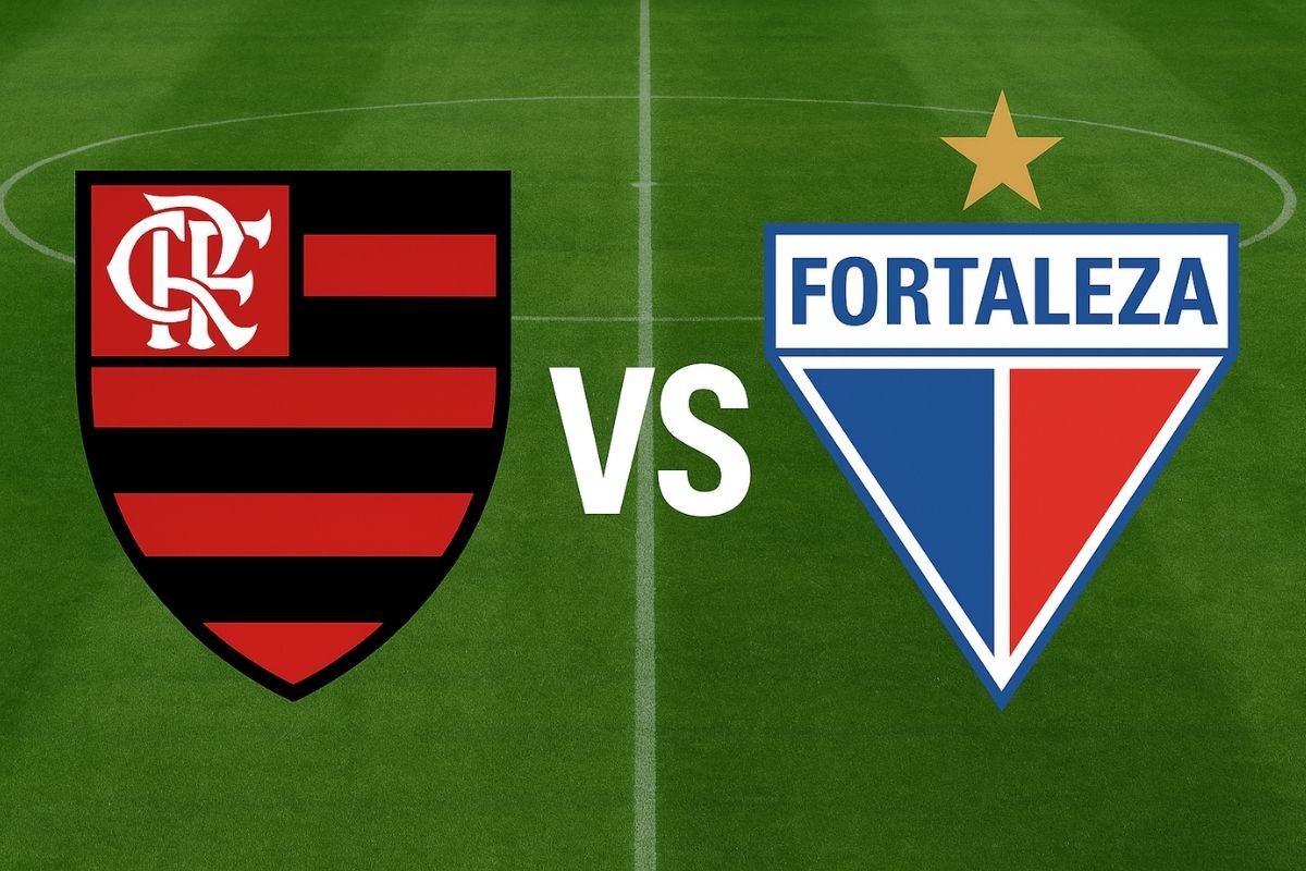 Flamengo e Fortaleza se enfrentam neste domingo (1º), no Maracanã, pelo Campeonato Brasileiro de 2025 – brasões dos clubes lado a lado.