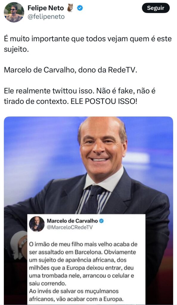 Felipe Neto e Marcelo de Carvalho: Reprodução / X