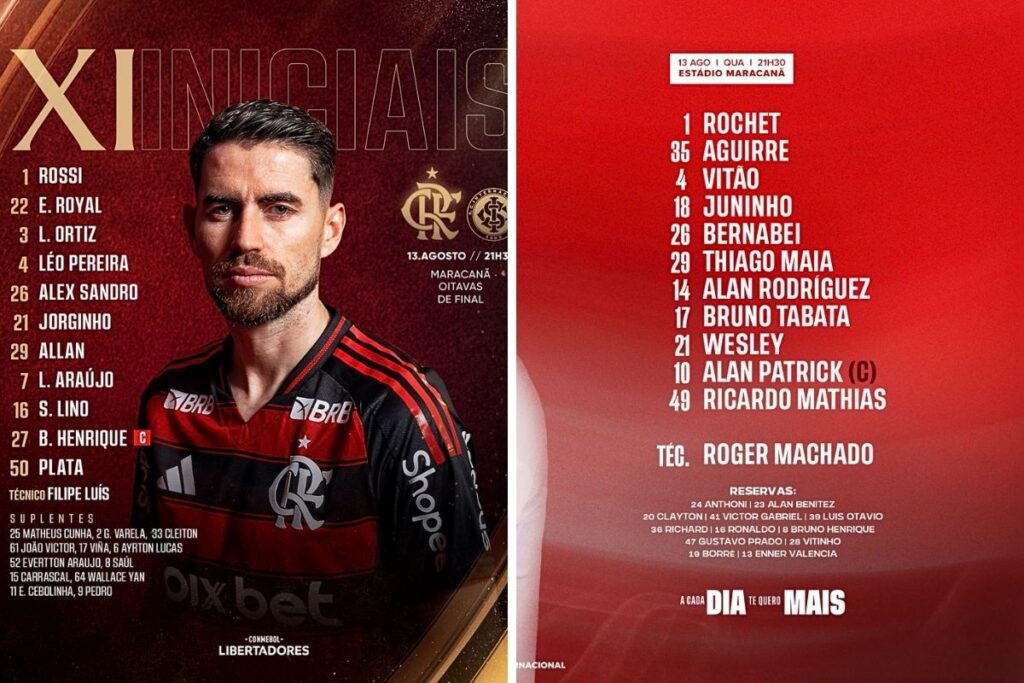 Escalações Flamengo e Internacional Libertadores