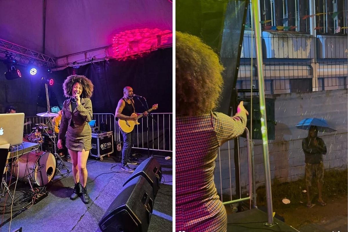 Amor de pai homem enfrenta chuva para acompanhar show da filha