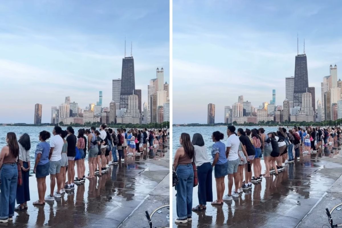 Grupo de pessoas gritando no píer da North Avenue em Chicago