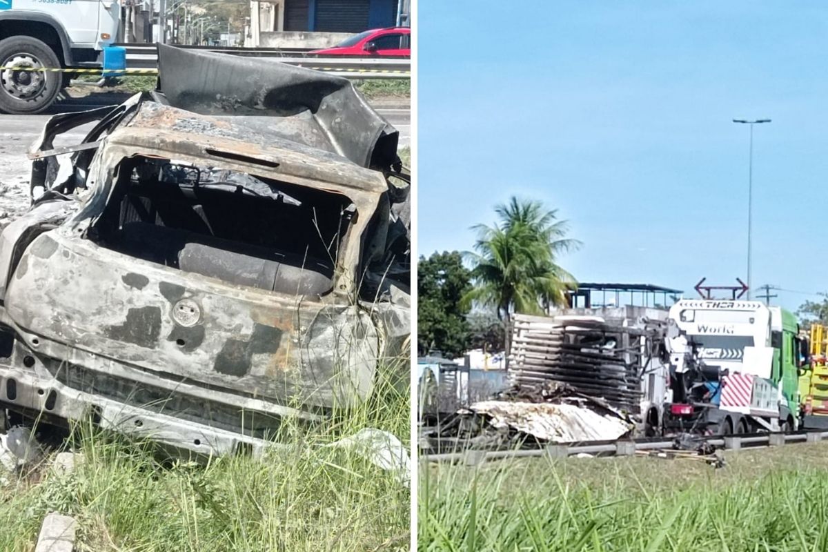 Caminhão em chamas após acidente na Rio-Magé sentido Rio