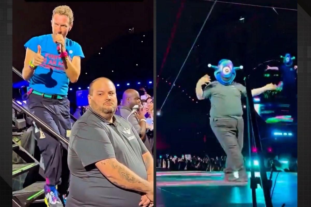 Segurança dança no palco com Chris Martin em show do Coldplay