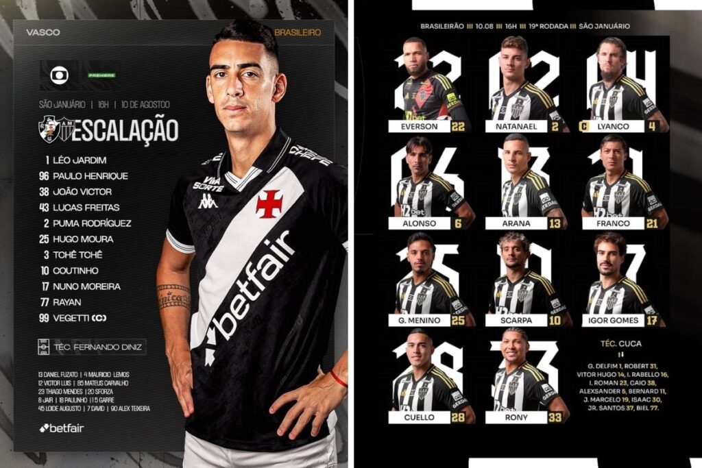 Escalações Vasco e Atlético-MG