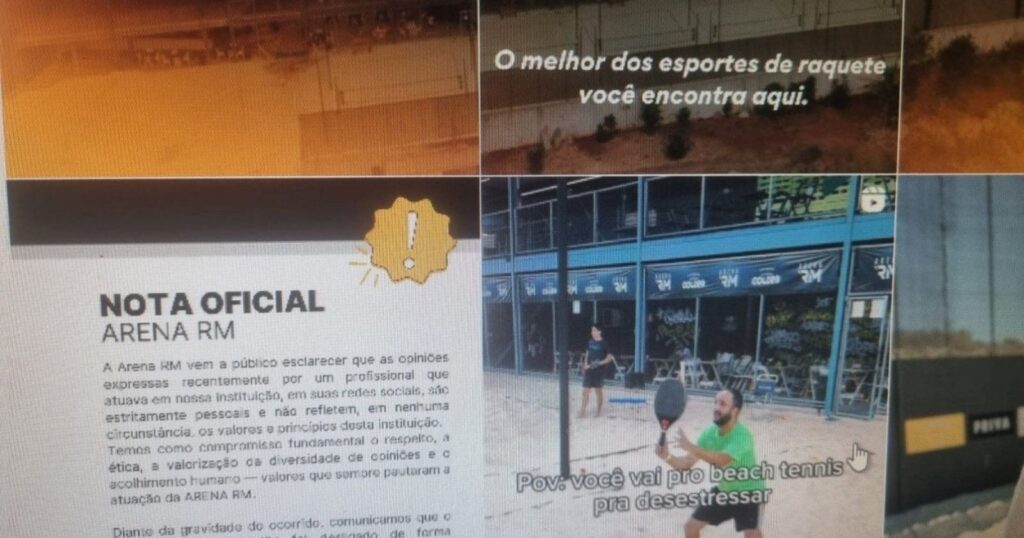 Tela mostra comunicado oficial da Arena RM ao lado de imagens da quadra e de praticantes de beach tennis, com texto destacando valores da empresa