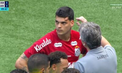 Galo na cabeça de Gabriel Brazão após lance chocante. Foto: Reprodução/Premiere
