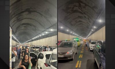 Bombeiros combatem incêndio em carro dentro do Túnel Rebouças, no Rio