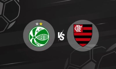 Escudos dos times Juventude e Flamengo com fundo escuro e uma bola estilizada ao fundo, representando confronto no Campeonato Brasileiro