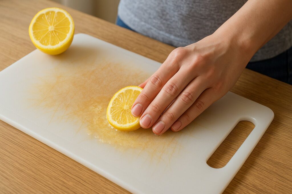 As tábuas de plástico são altamente práticas na cozinha, mas com o tempo, ficam facilmente manchadas por vegetais, carnes e temperos
