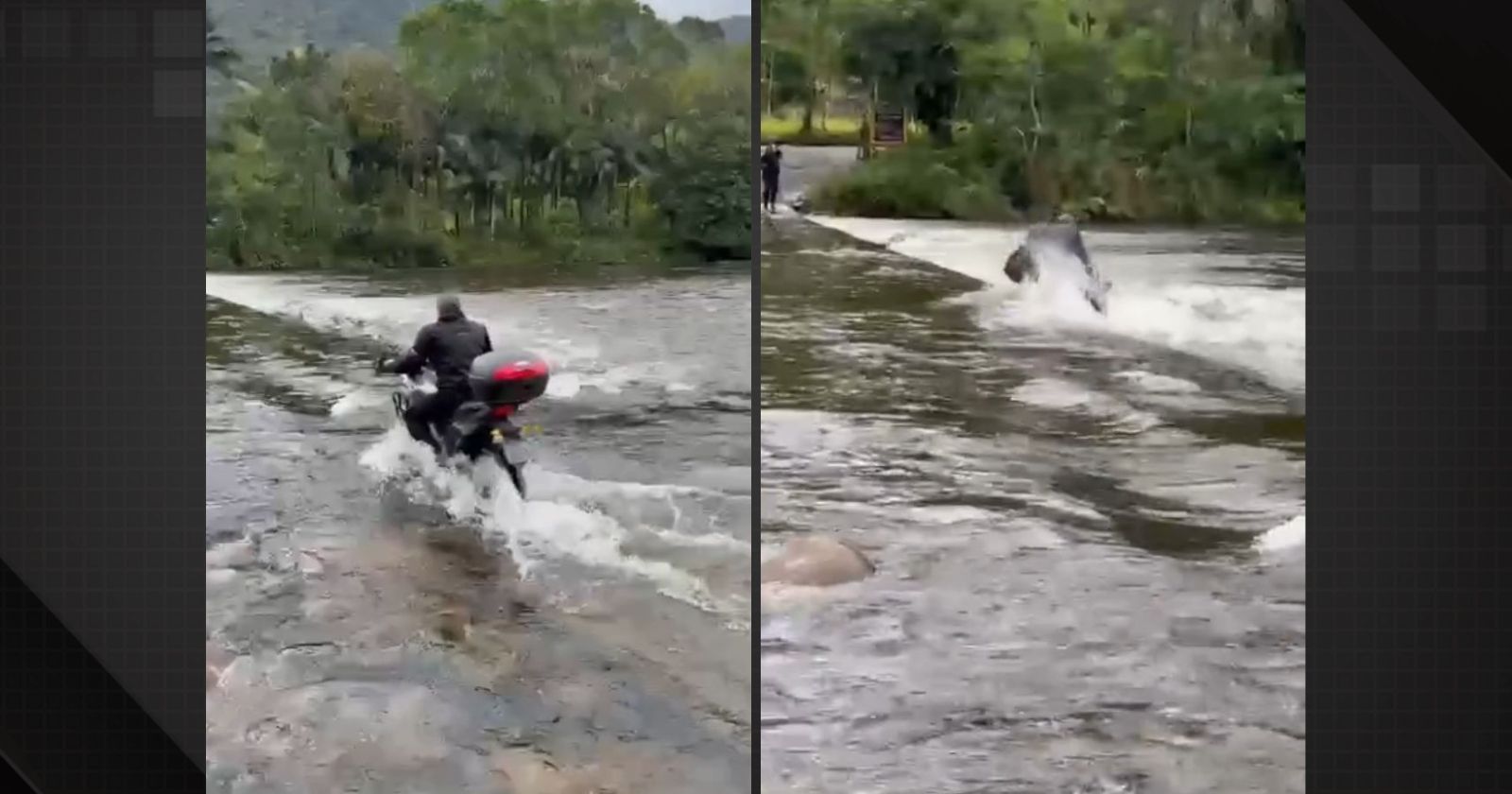 Motociclista tentando atravessar a ponte invertida em Garuva