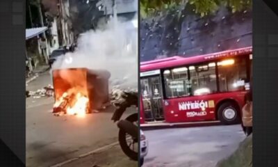 Ônibus usado como barricada em protesto no Cubango, Niterói
