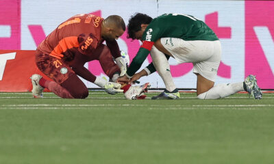 O goleiro Weverton e o jogador Gustavo Gómez (D), da SE Palmeiras, em jogo contra a equipe do Botafogo FR, durante partida válida pela vigésima rodada, do Campeonato Brasileiro, Série A, no Esteadio Nilton Santos. (Foto: Cesar Greco/Palmeiras/by Canon)