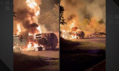 Caminhão-tanque tomba e pega fogo na Serra das Araras