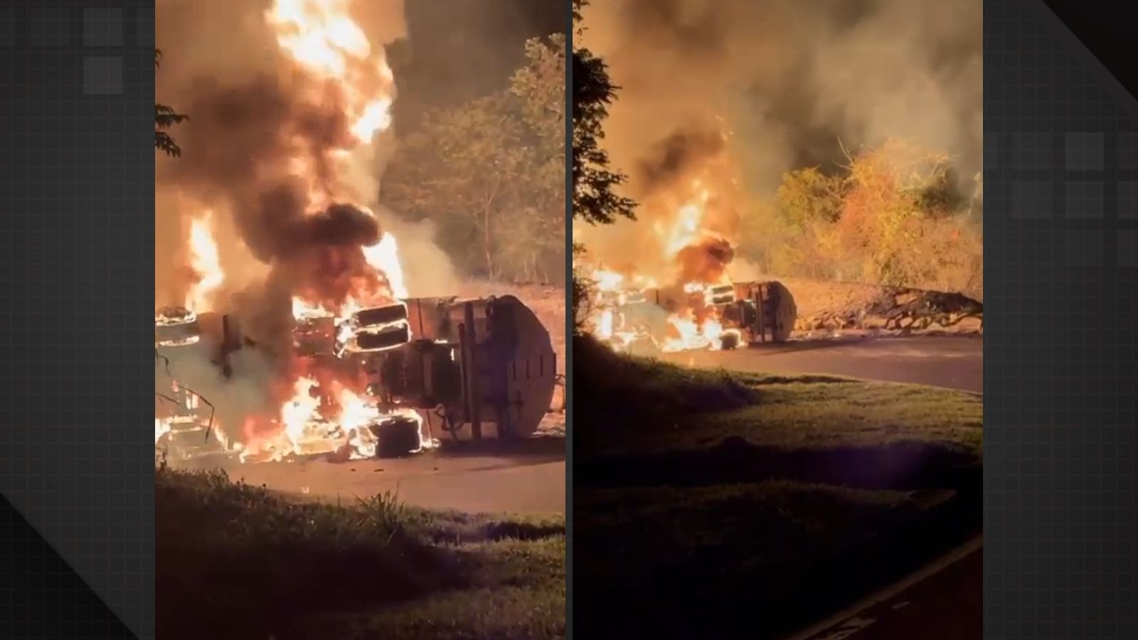 Caminhão-tanque tomba e pega fogo na Serra das Araras