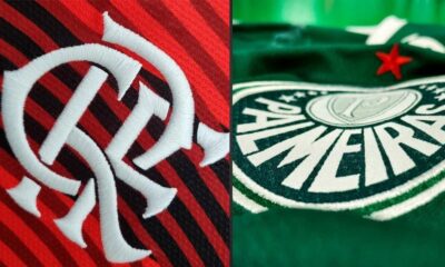 Montagem com camisas de Flamengo e Palmeiras lado a lado